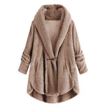 

Plus Size Hooded High Low Faux Fur Coat, Light coffee