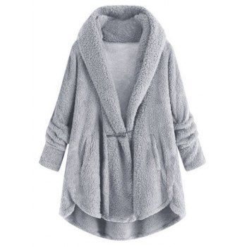 

Plus Size Hooded High Low Faux Fur Coat, Light gray