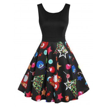 

Santa Claus Star Print V Back Flare Dress, Black