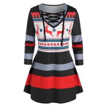 

Plus Size Christmas Elk Snowflake Lace-up Long Sleeve Tee, Black