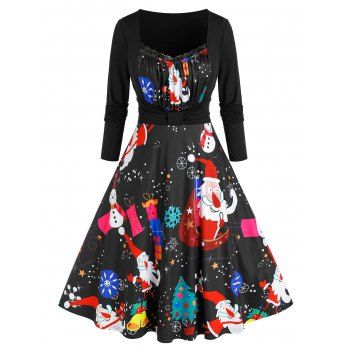 

Plus Size Santa Claus Snowman Print Dress, Red wine