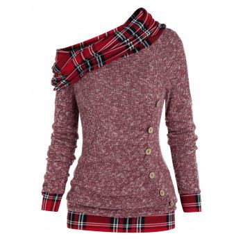 

Convertible Skew Neck Plaid Knitwear, Lipstick pink