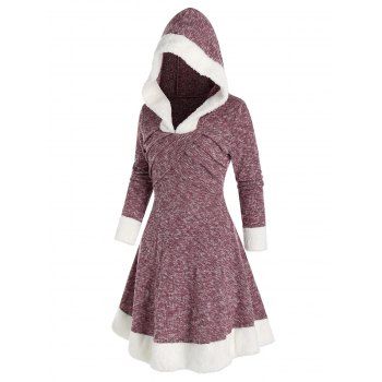 

Hooded Fuzzy Panel Marled Knitted Dress, Red wine