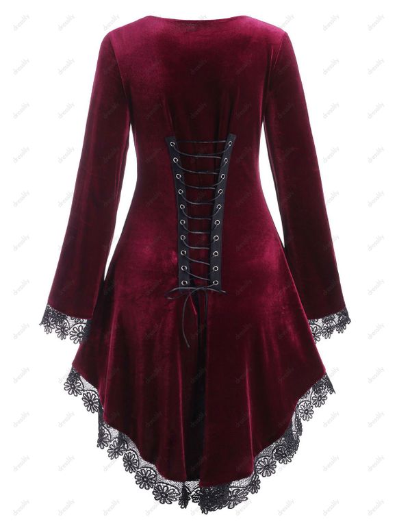 Haut Long Bouclé à Ourlet en Dentelle en Velours à Lacets - Rouge foncé XL