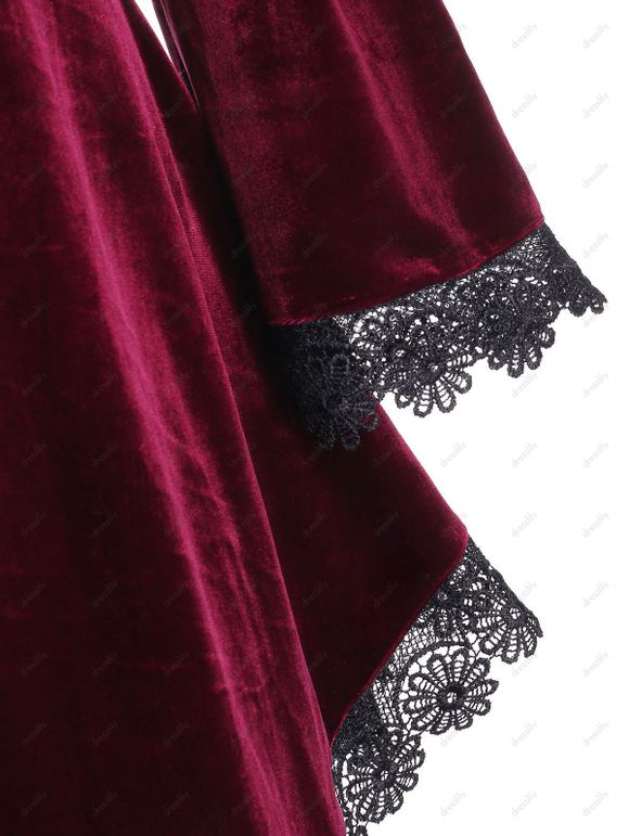 Haut Long Bouclé à Ourlet en Dentelle en Velours à Lacets - Rouge foncé XL