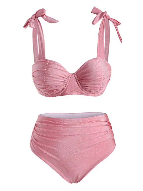 Maillot de Bain Bikini Plissé à Epaule Nouée - Rose clair XL