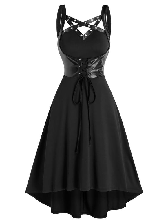 Robe d'Eté Style Corset Haute Basse en Faux Cuir Inséré à Lacets - Noir 3XL