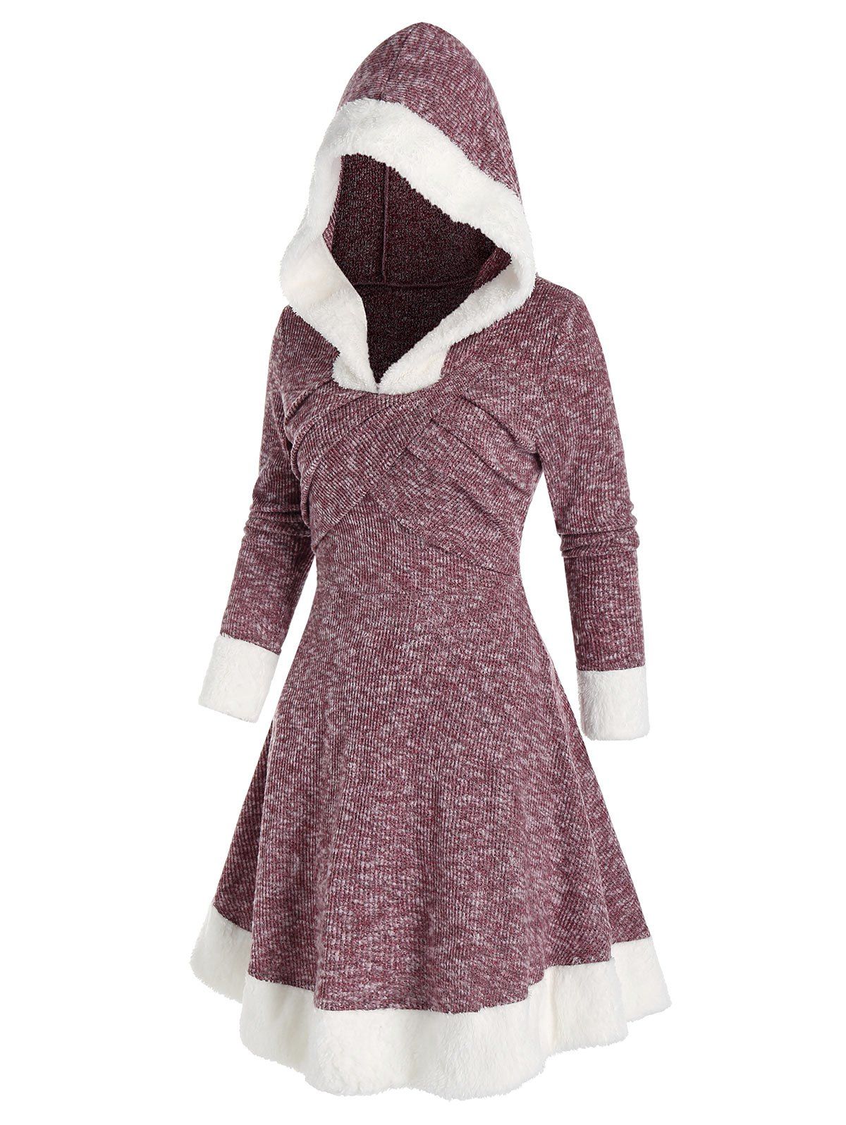 Hooded Fuzzy Panel Marled Knitted Dress - RED WINE M