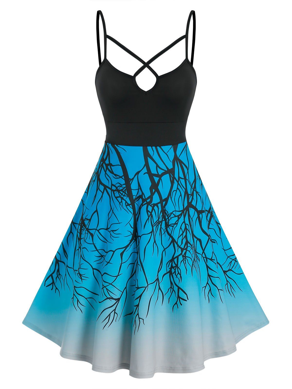 Branch Pattern Colorblock A Line Dress - DEEP BLUE M
