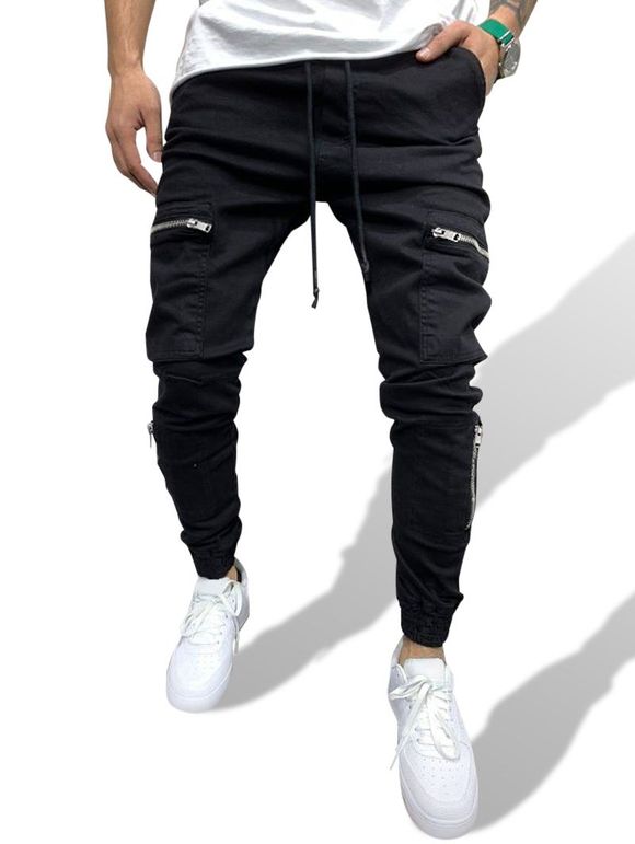 Pantalon Décontracté Zippé avec Multi-Poches Détaillée à Cordon - Noir XXL