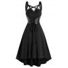 Robe d'Eté Style Corset Haute Basse en Faux Cuir Inséré à Lacets - Noir 3XL