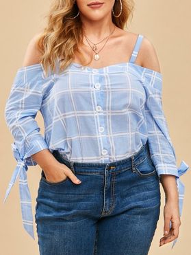 Plus Size Cold Shoulder Checked Button Up Top