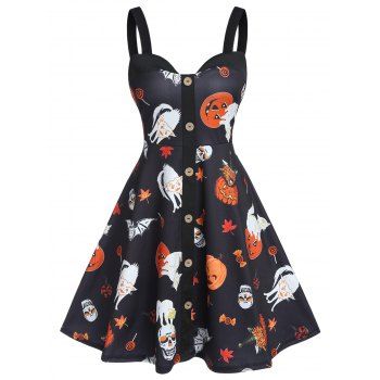 

Halloween Pumpkin Print Button Cami A Line Dress, Black