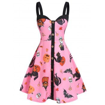 

Halloween Pumpkin Print Button Cami A Line Dress, Pink