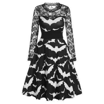 

Halloween Bat Print Sheer Lace Panel High Waist Dress, Black