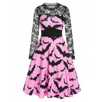 

Halloween Bat Print Sheer Lace Panel High Waist Dress, Pink