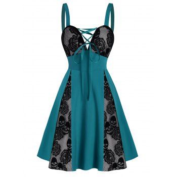 

Skull Floral Lace Panel Colorblock Mini Dress, Dark turquoise