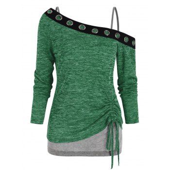 

Open Shoulder Grommet Trim Drawstring Two Piece T Shirt Sets, Deep green