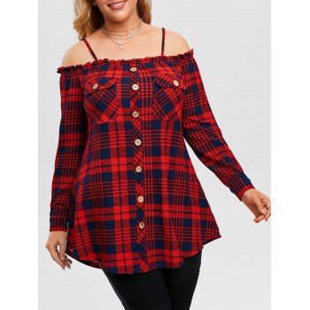 

Plus Size Plaid Cold Shoulder Ruffled Top, Deep red