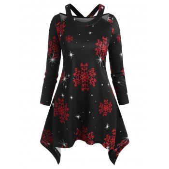 

Plus Size Christmas Snowflake Print Cutout Handkerchief Tee, Black