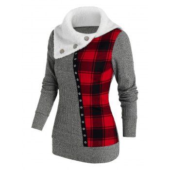 

Plaid Patchwork Faux Fur Collar Knitwear, Battleship gray