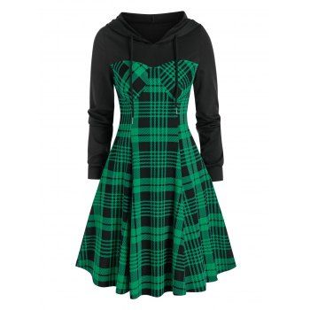 

Plaid Print Hooded Flare Dress, Green