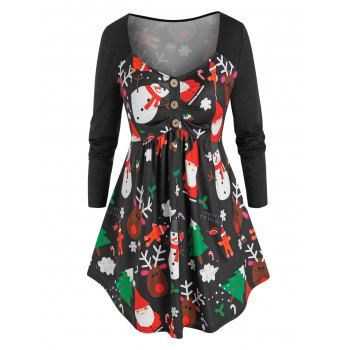 

Plus Size Christmas Funny Snowman Claus Print Long Sleeve Tee, Black