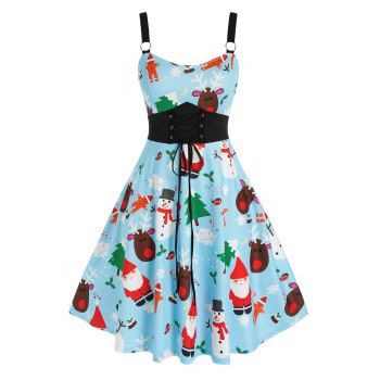 

Plus Size Christmas Funny Elk Claus Lace-up Flared Dress, Baby blue