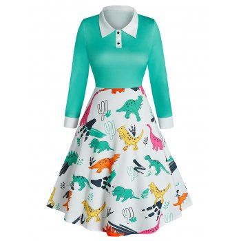 Image of Cartoon Dinosaur Cactus Print Casual Dress
