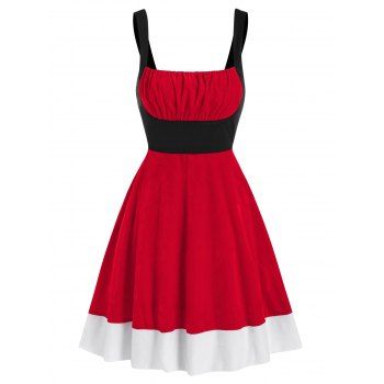 

Colorblock Ruched Bust Velvet Christmas Dress, Red