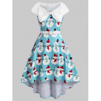 

Plus Size Christmas Vintage Bowknot Snowman Print Dress, Blue