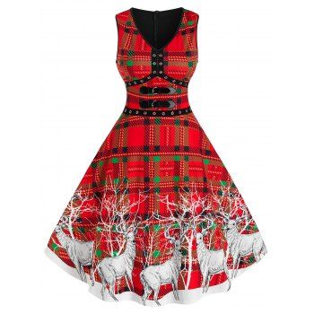 

Christmas Elk Print Plaid Buckles Dress, Multicolor a