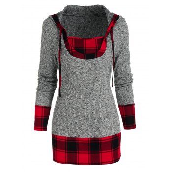 

Hooded Drawstring Plaid Insert Tops, Gray