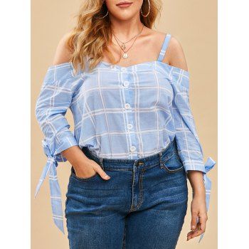 

Plus Size Cold Shoulder Checked Button Up Top, Light blue
