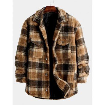 

Plaid Pattern Flap Pocket Teddy Jacket, Coffee
