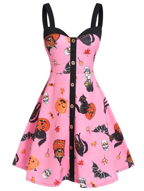 Robe d'Halloween Ligne A à Imprimé Citrouille avec Bouton - Rose L