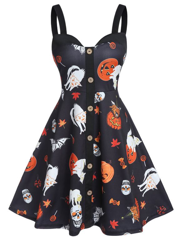 Robe d'Halloween Ligne A à Imprimé Citrouille avec Bouton - Noir XL