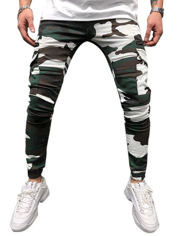 Pantalon Cargo Imprimé Camouflage Fuselé à Cordon - Vert Trèfle M