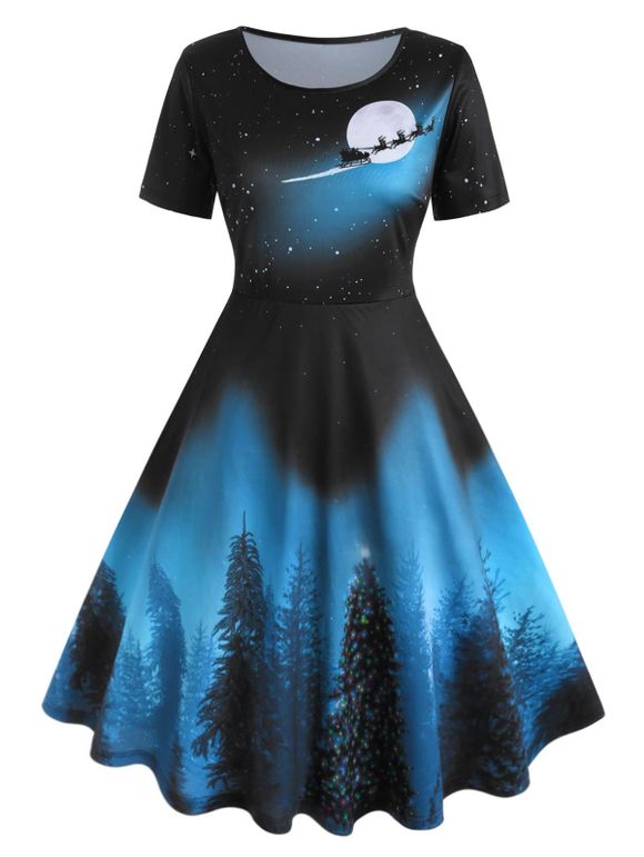 Robe Sapin de Noël et Galaxie Imprimés Grande Taille - Bleu 3X