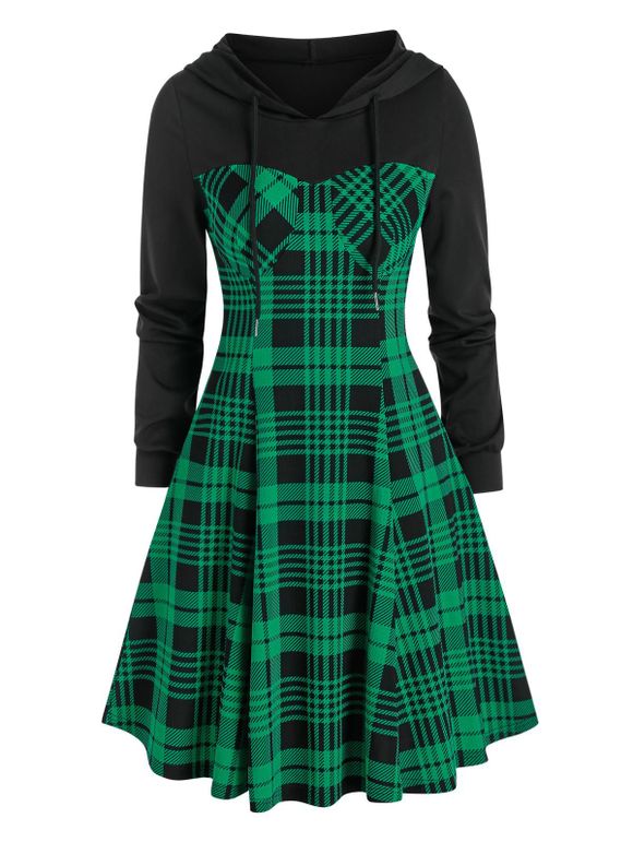 Robe Evasée à Capuche à Carreaux Imprimée - Vert 2XL
