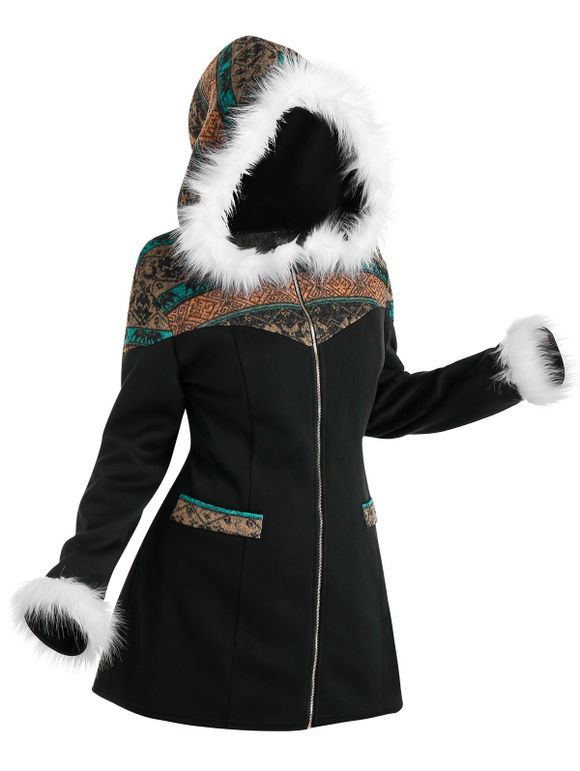 Manteau à Capuche en Tricot Ethnique Zippé Grande Taille en Fausse Fourrure - Noir 4X