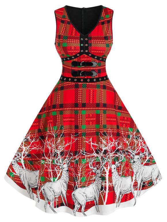 Robe de Noël Bouclée à Imprimé Cerf à Carreaux - multicolor A L