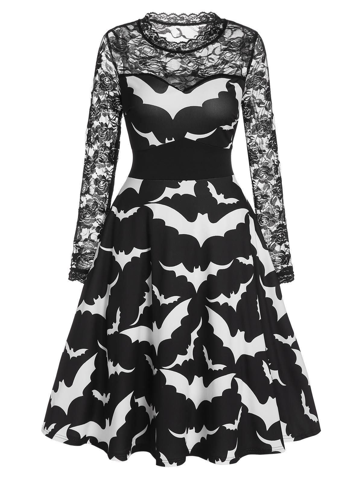 Halloween Bat Print Sheer Lace Panel High Waist Dress - BLACK L