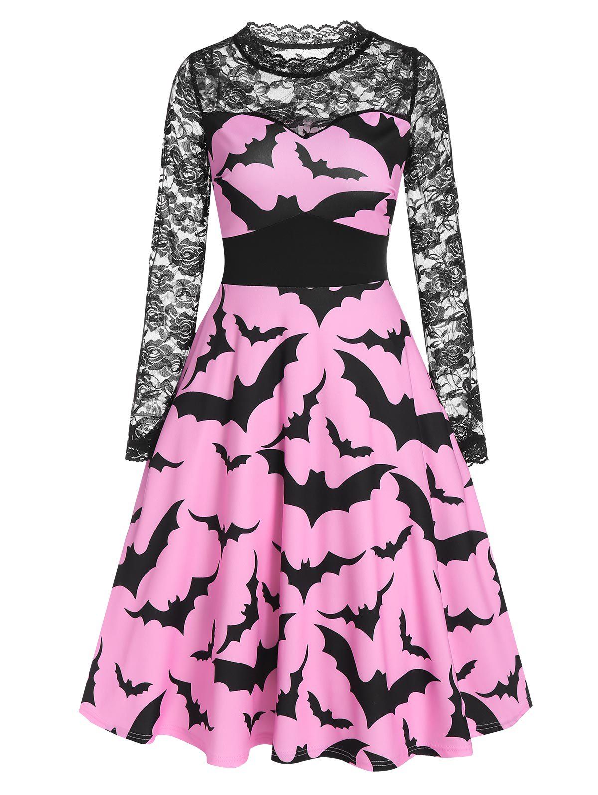 Halloween Bat Print Sheer Lace Panel High Waist Dress - PINK M