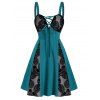 Mini Robe Crâne Fleurie Panneau en Dentelle en Blocs de Couleurs - Turquoise Foncée 3XL