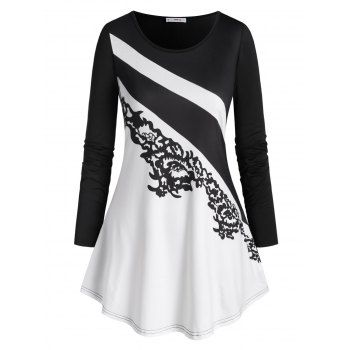 

Plus Size Two Tone Print Long Sleeve Tee, Black