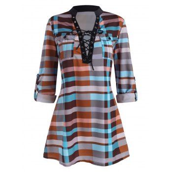 

Plaid Lace Up Pocket Roll Up Sleeve Blouse, Light blue