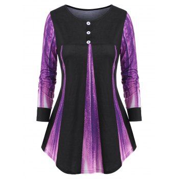 

Mock Button Printed Long Sleeve Top, Purple