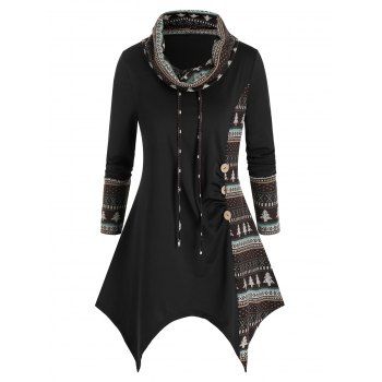 

Plus Size Ethnic Print Cowl Neck Hanky Hem Ruched Tee, Black