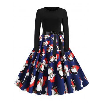 

Christmas Santa Claus Penguin Plaid Belted Dress, Midnight blue